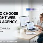 Business owner choosing a web design agency with website UI design on laptop screen