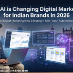 AI digital marketing in India showing analytics dashboards, automation tools, and AI-driven strategy for Indian brands in 2026.