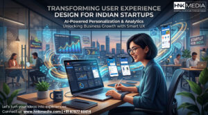 AI UX design India 2026 banner showing designer, personalized UI interfaces and AI technology
