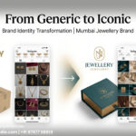 Before and after jewellery brand redesign by a branding agency in Mumbai showing logo, packaging, and visual identity transformation.
