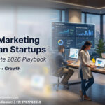Digital marketing strategy for Indian startups showing SEO, social media marketing, and analytics dashboard in modern workspace