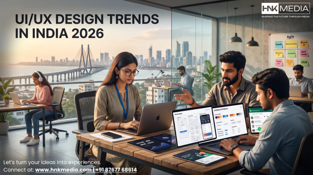 UI UX design trends India 2026 showing mobile app interfaces, multilingual UX, and modern startup design