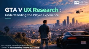 GTA V UX research banner showing the game logo, player overlooking the city, sports car, and open-world environment.